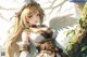 Anime girl with long blonde hair and angel wings standing in front of a tree.